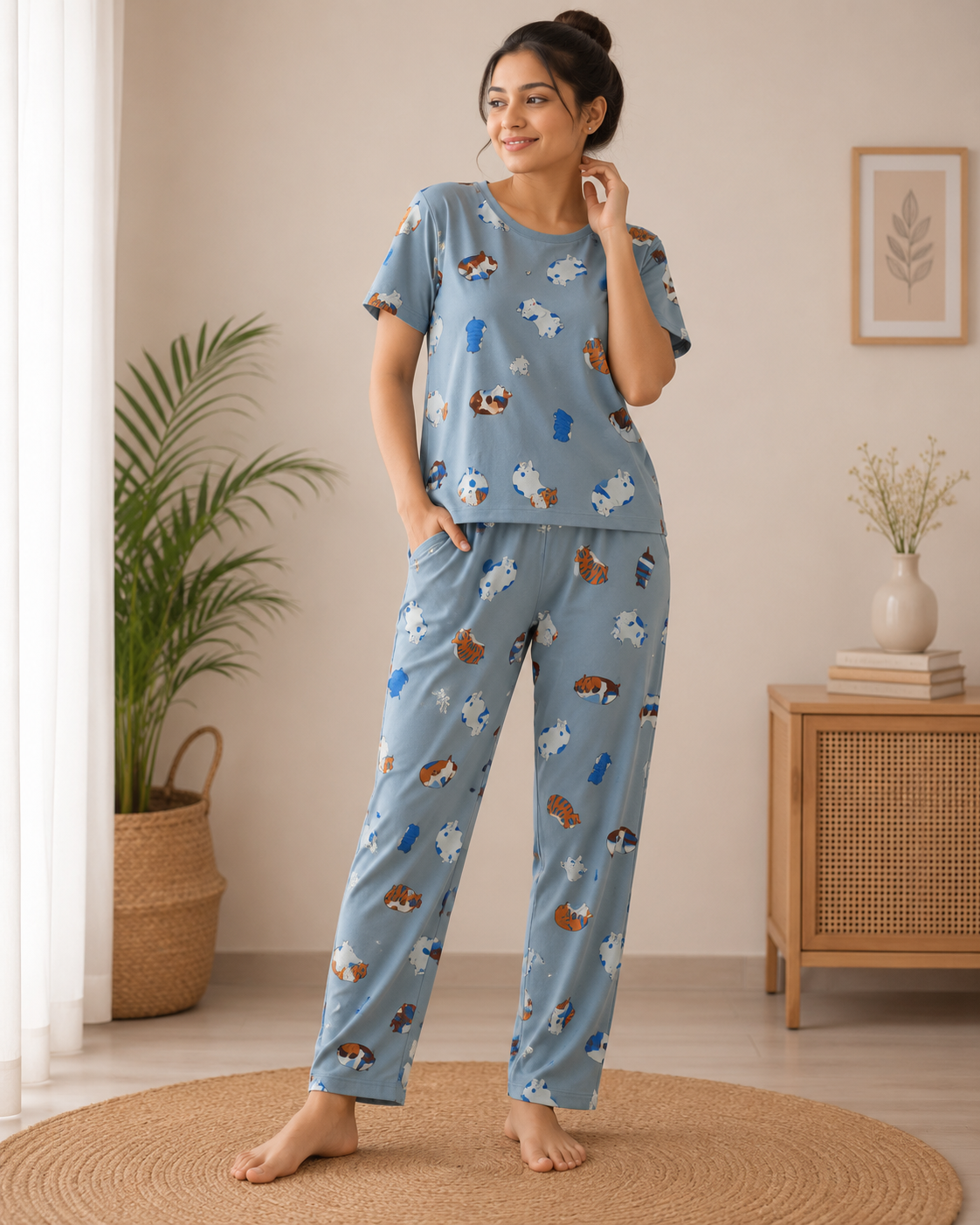 Women's Premium Cotton T-Shirt & Pant Co-Ord Set Lounge Wear With Pocket (Sleeping Cats)
