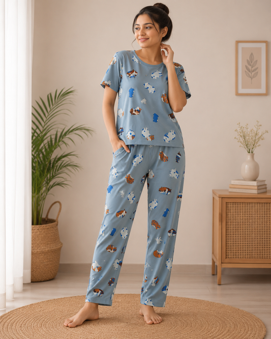 Women's Premium Cotton T-Shirt & Pant Co-Ord Set Lounge Wear With Pocket (Sleeping Cats)