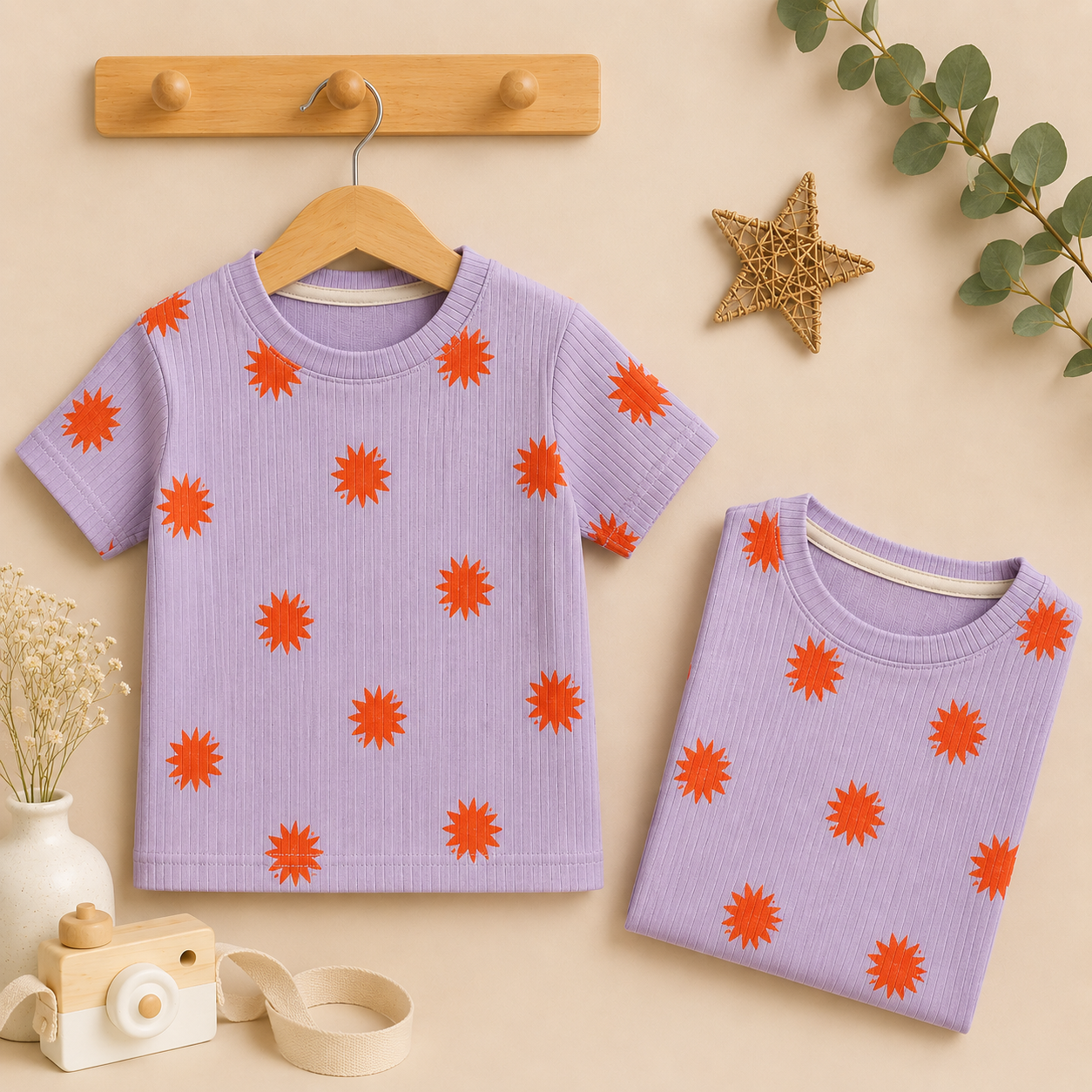 Premium Half  Sleeves Ribbed  Tshirt (Violet Orange Star)