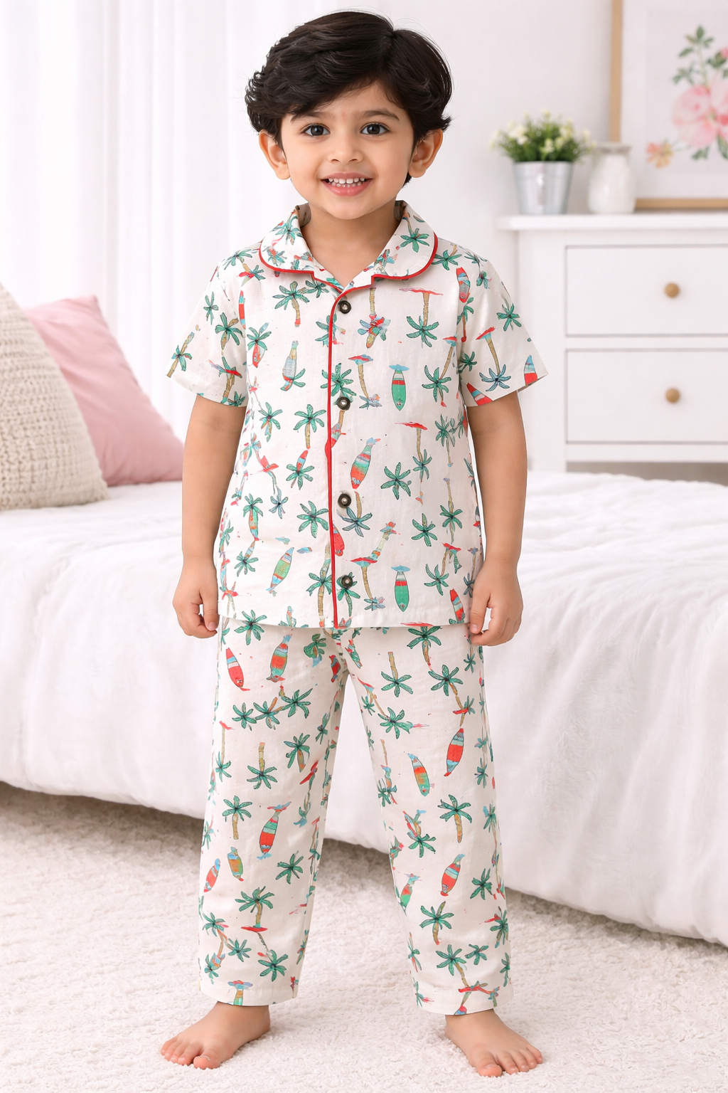 Kid's Collar night Suits (Cream Cocount Trees)