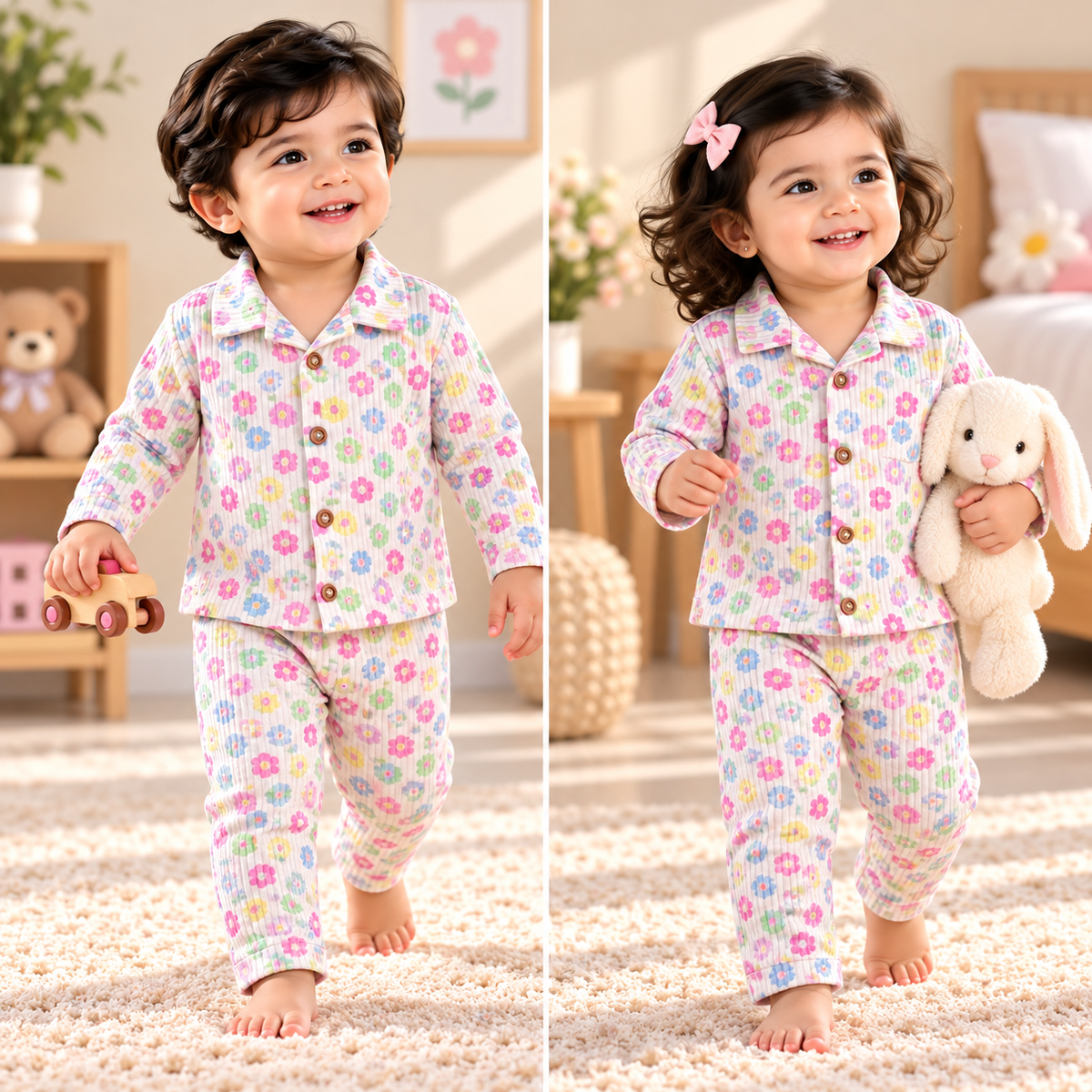 Kids’ Ribbed Cotton Full-Sleeve Night Suit – Min Mini Flowers (NS006)