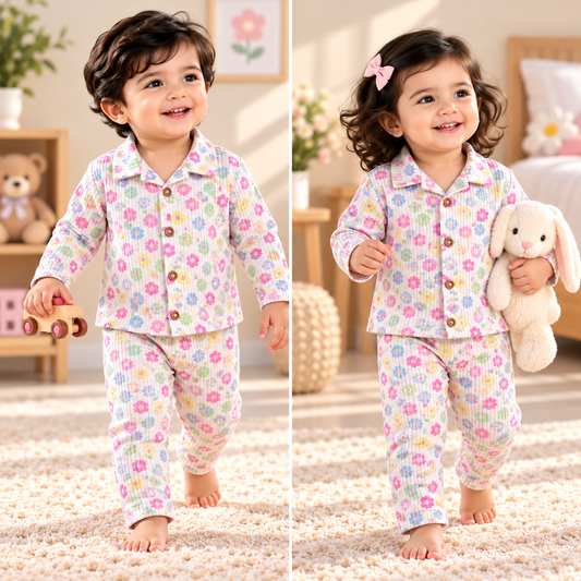Kids’ Ribbed Cotton Full-Sleeve Night Suit – Min Mini Flowers (NS006)
