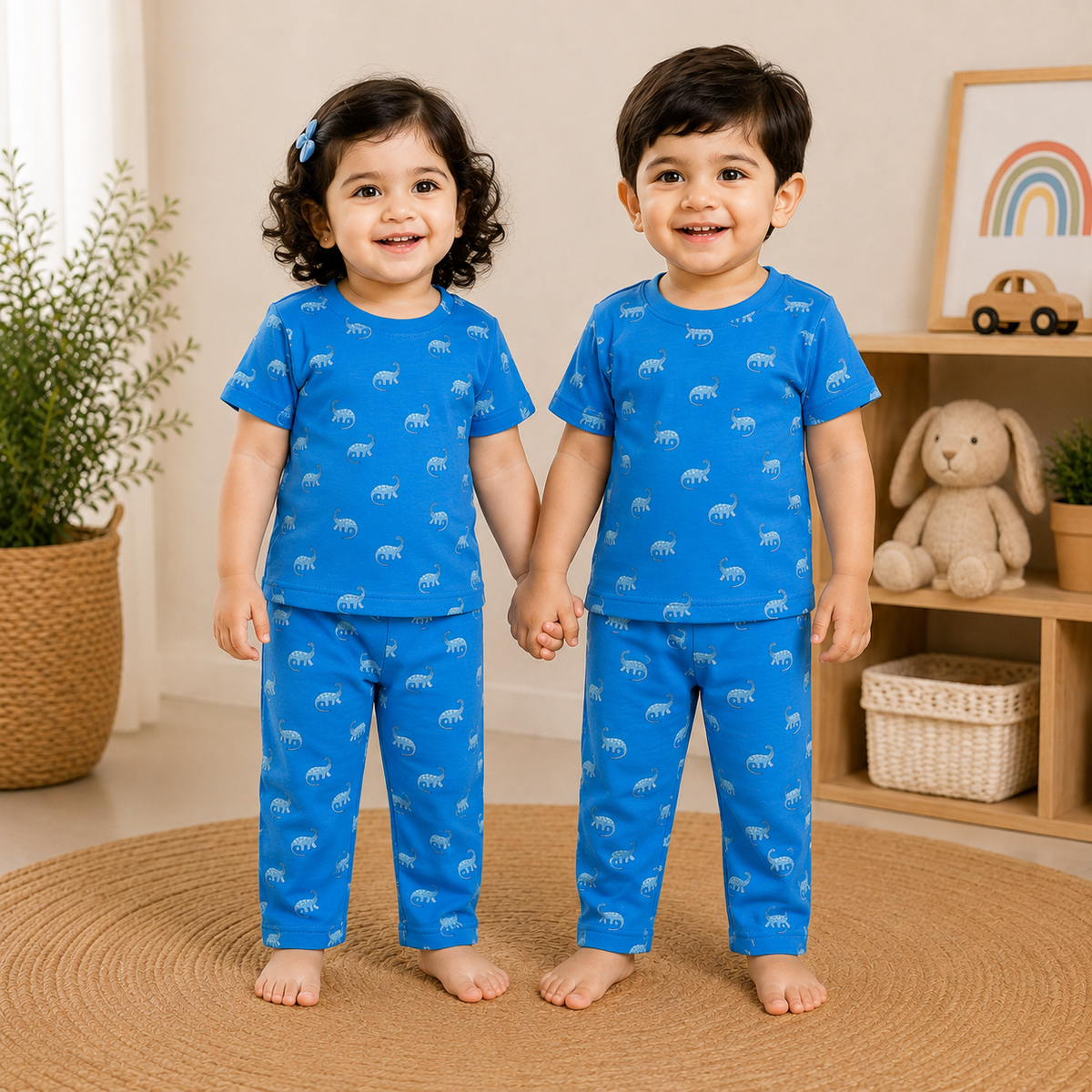 Premium Cotton Half sleeves Tshirt with Pant (Sapphire  Dino)