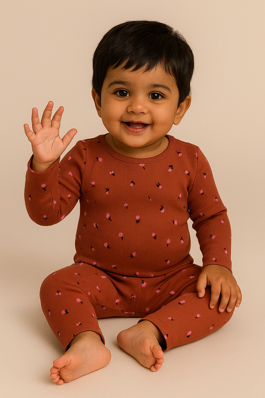 Premium Full sleeves Ribbed Tshirt with Pant (Maroon Flowers)