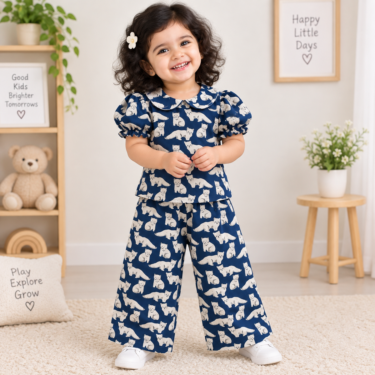 Girls Casual Cotton Printed Peter Pan Collar Top & Pant Co-ord Set (0-11 Yrs) (C061)(Blue White)