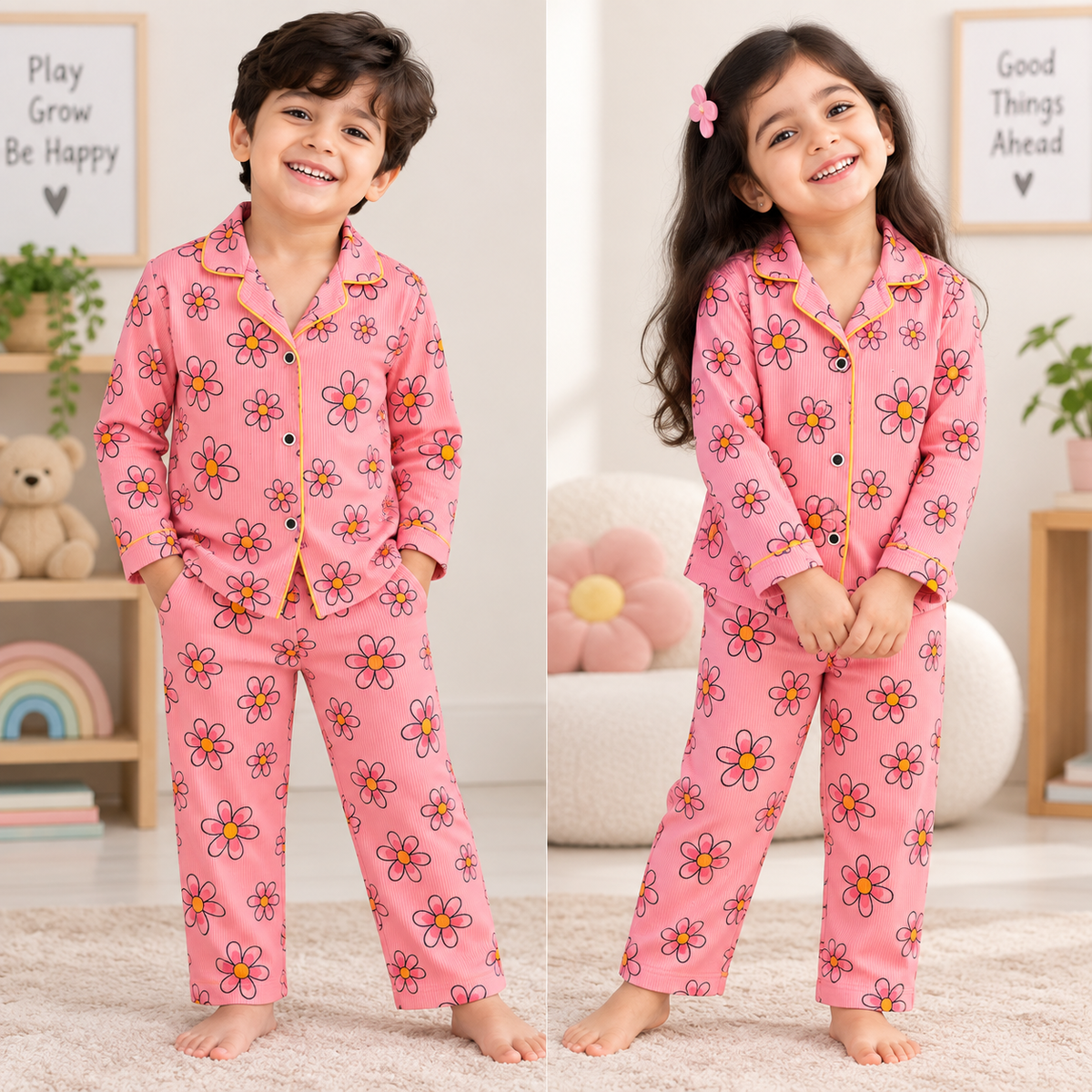 Premium Ribbed Collar full Sleeves Night Suit Sets (Pink  Black Flower)