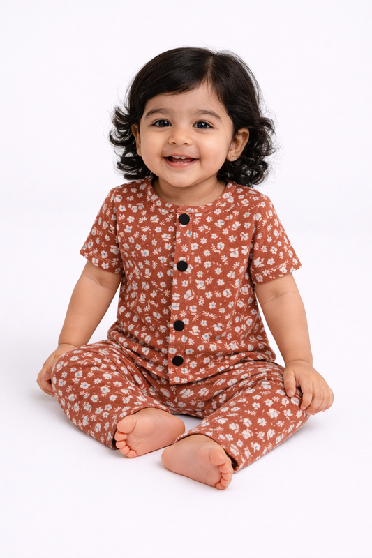 Front Open Half sleeves Cotton Tshirt with Pant (Biscuit Flowers)