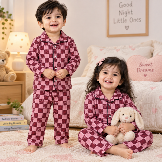 Premium Ribbed Collar full Sleeves Night Suit Sets (Pink Maroon Checks)