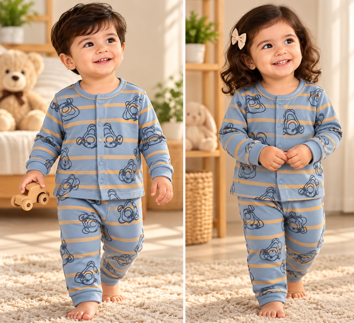 Kid's Front Open Lounge Wear Sets (Light Blue Orange Stripes)