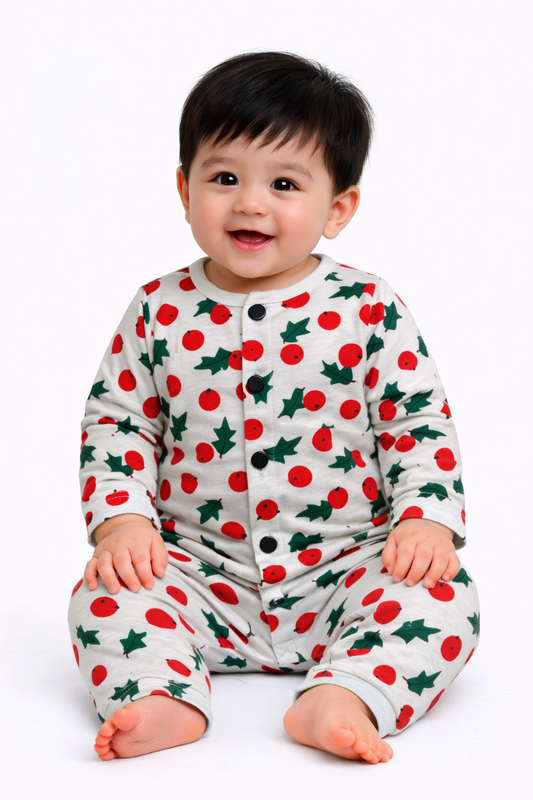 Front Open Full sleeves Cotton Tshirt with Pant (Red Fruit With Leaves))