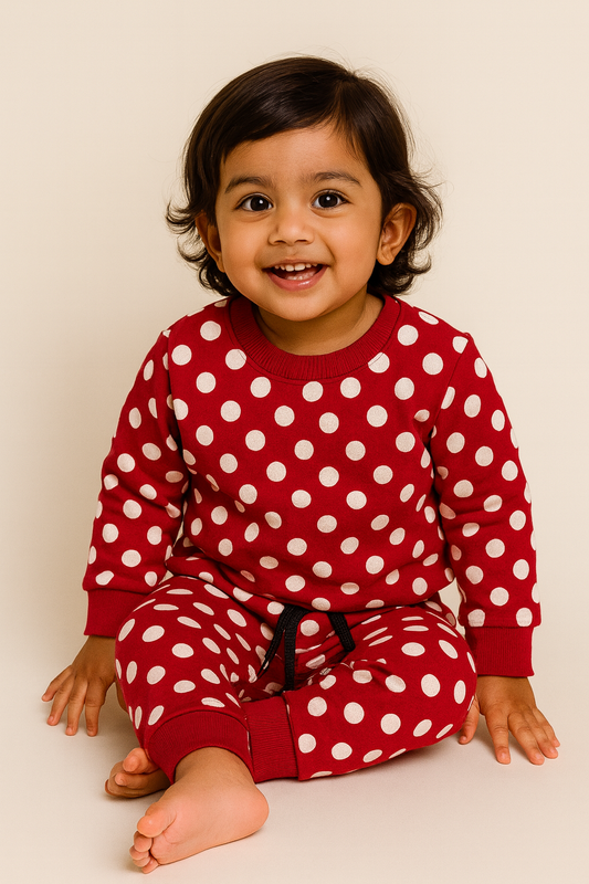 Premium Winter Full sleeves Tshirt with Pant (Red Polka)