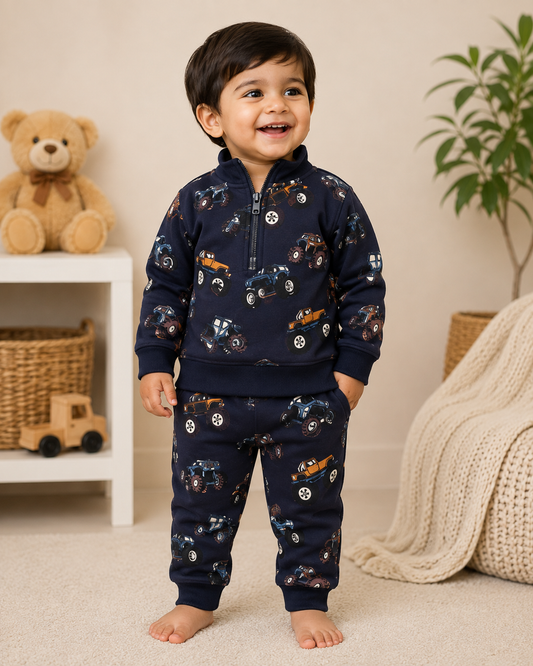 Premium Fleece Winter Set – High Neck Invisible Zip T-Shirt With Cuffed Pant (Blue Racing Cars)