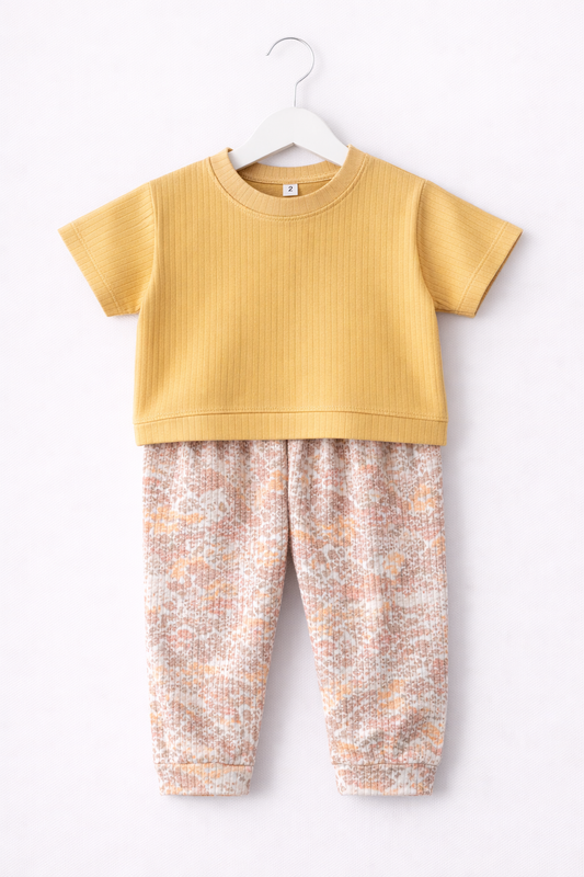 Premium Ribbed Half sleeves Tshirt with Contrast Pant( Orange and Colorful Flower)
