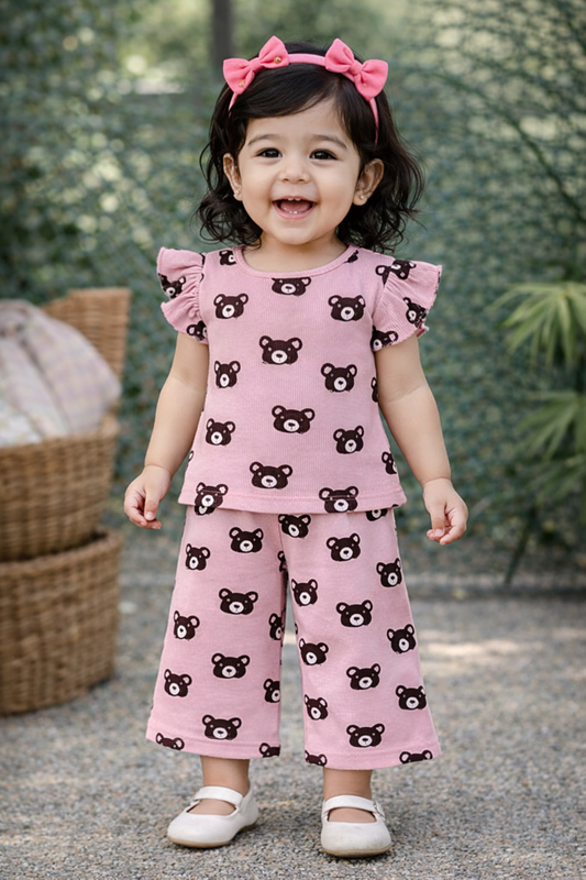 (FT003) - Frill Top & Palazzo Pant set (Pink Bear)