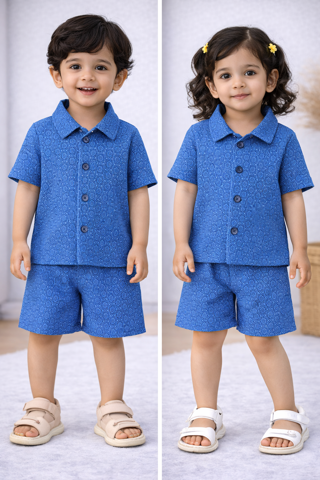 POLO Front open Tshirt with Shorts Sets (Blue Hexagon)