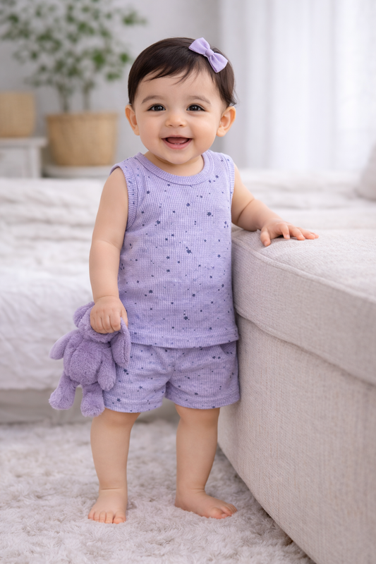 Infant Cotton Sleeveless Co-ord Set | Baby T-shirt & Shorts Set (Purple Star)