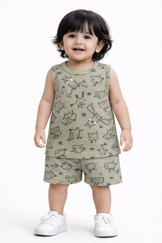 Ribbed  Sleeveless Shorts Sets (Green animals head)