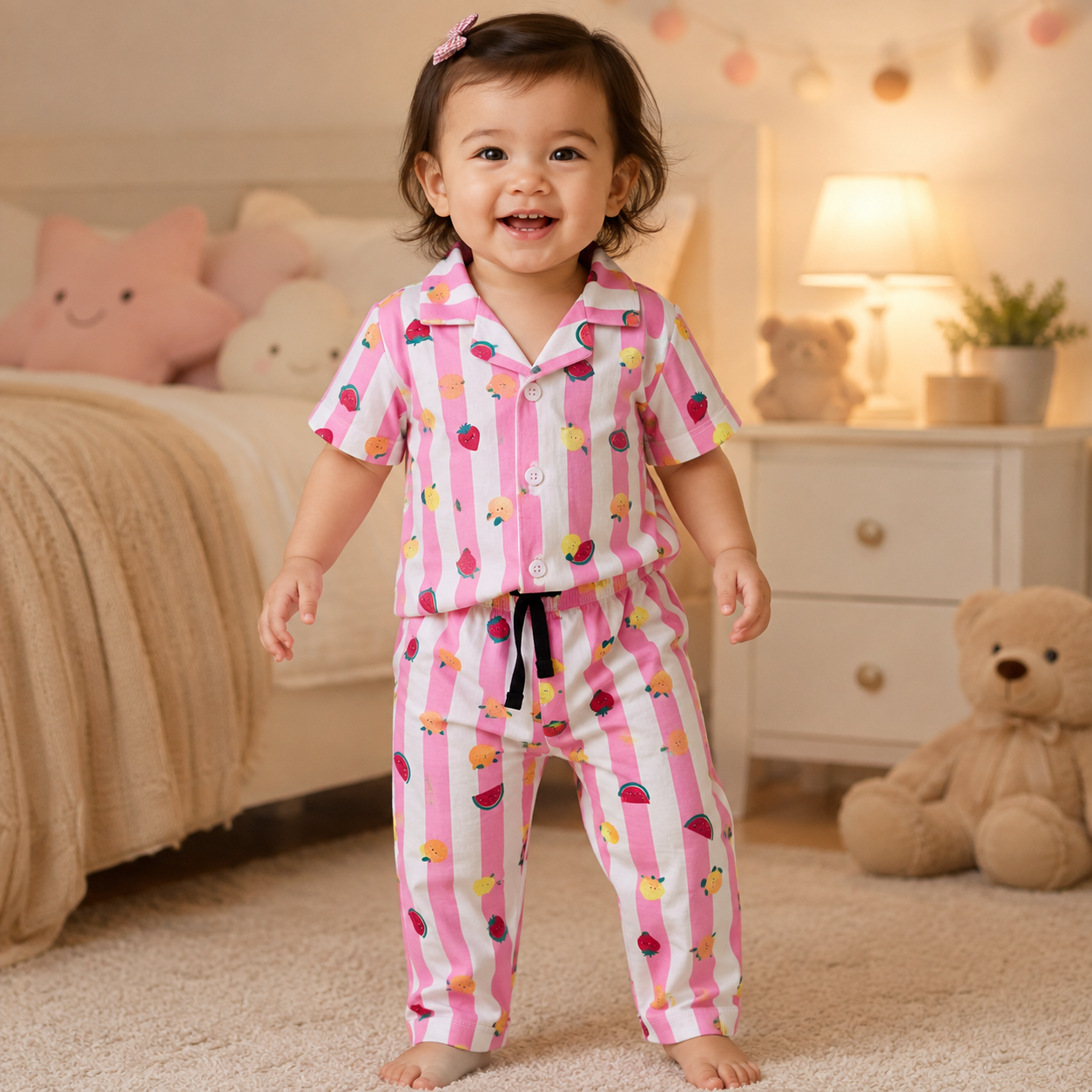 Premium Cotton Half Sleeves Collar  Tshirt with Pant ( White Pink Fruits)