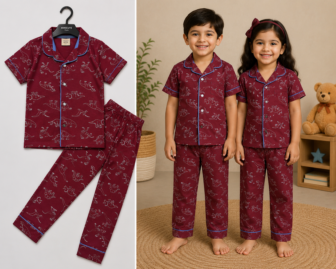 Kids Collar Night Suit Set (Red Dino)