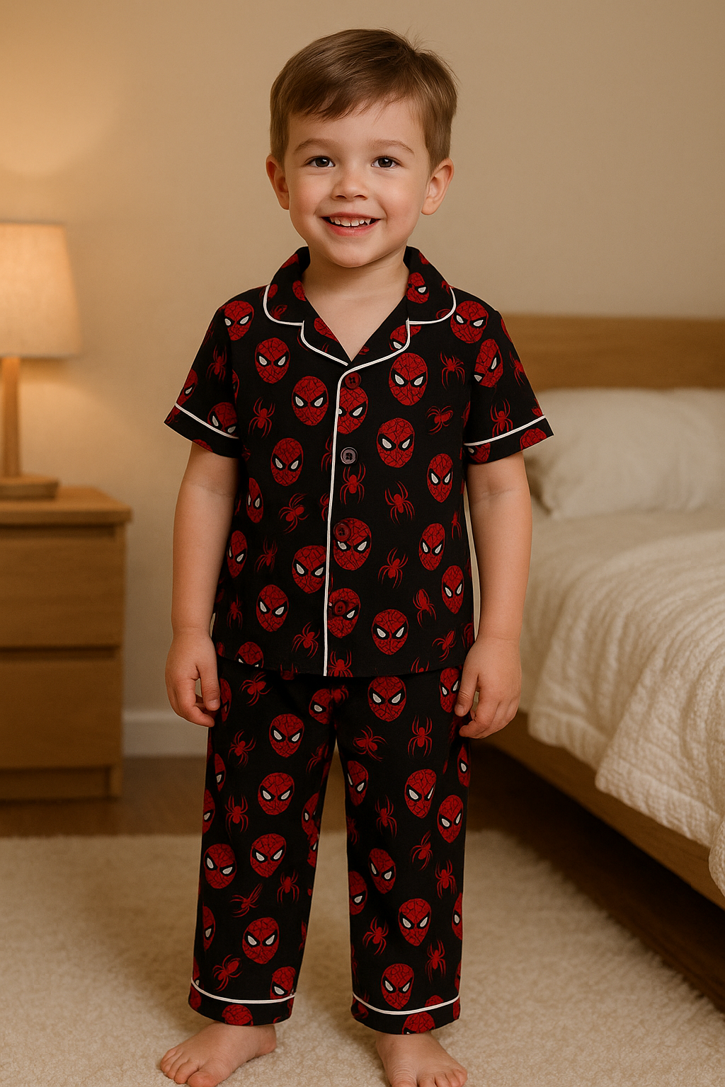 Kids Collar Night Suit Set (Black Red Spider Face)