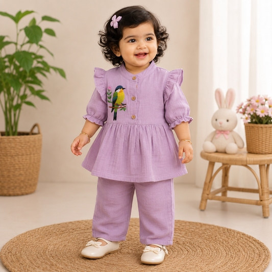 Airport - Kids Muslin Print  Balloon Sleeves Frock With Pant ( Thistle Kuruvi 6)