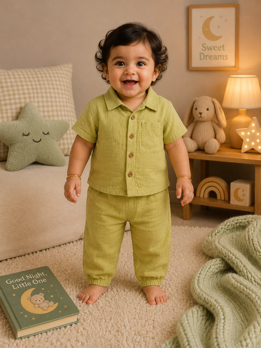 Premium Muslin Collar Co-ord Set – Shirt & Pant (YellowGreen) | 0-4 Yrs