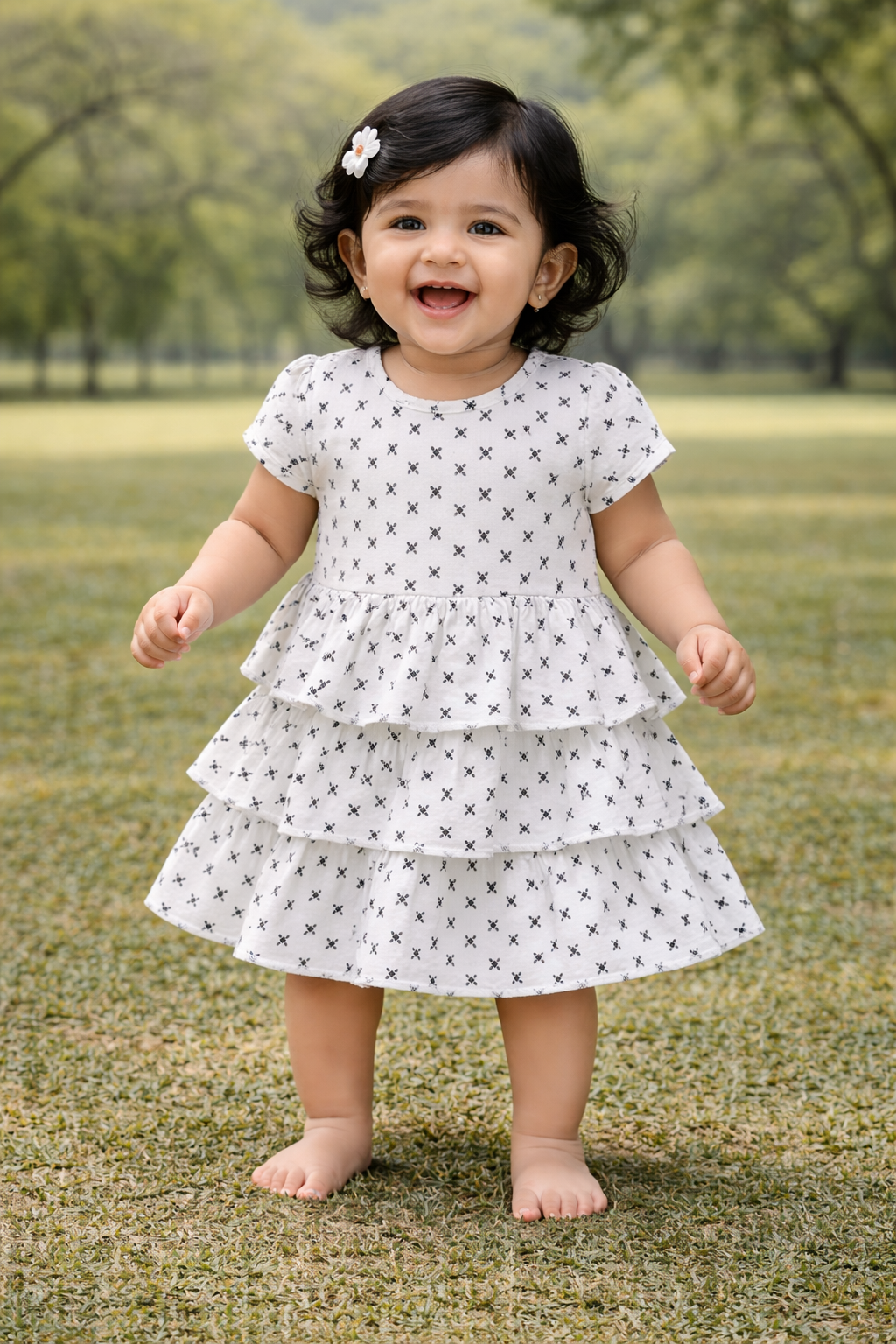 Half Sleeves Frill Frocks with BOW ( White Black Small Design)