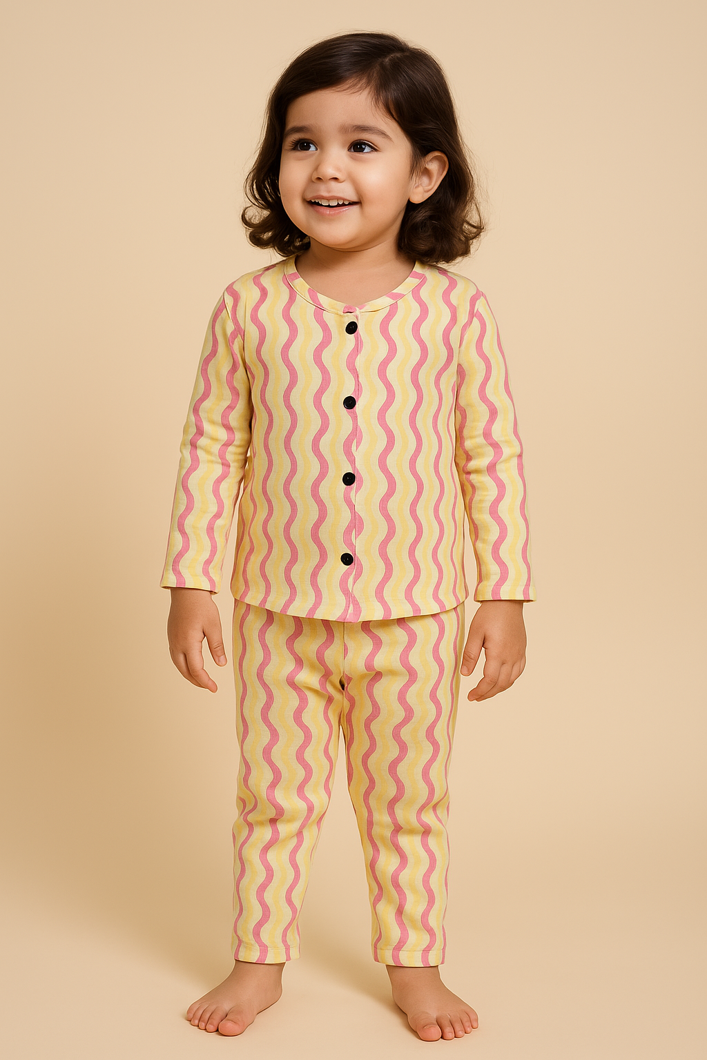 Kid's Front Open Lounge Wear Sets (Greeny Wavy Pinky)