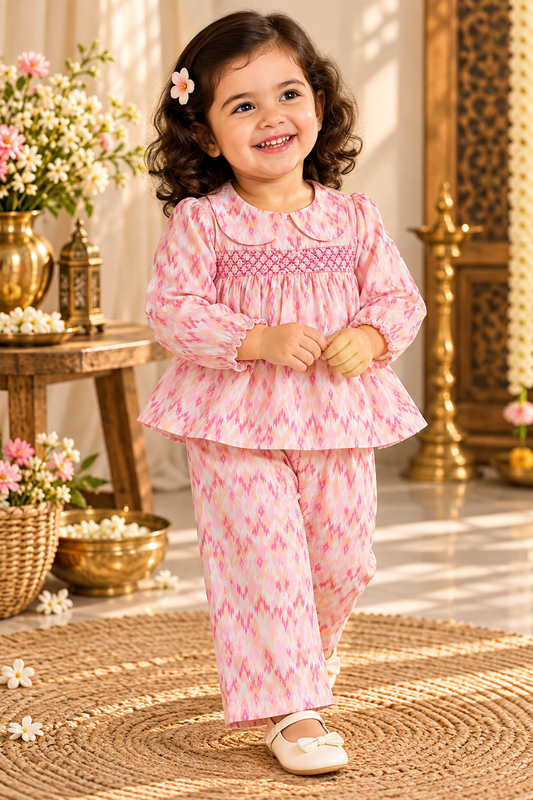 Girls Festive Cotton Printed Peter Pan Collar Co-ord Set (CR005) (Abstract Triangle)