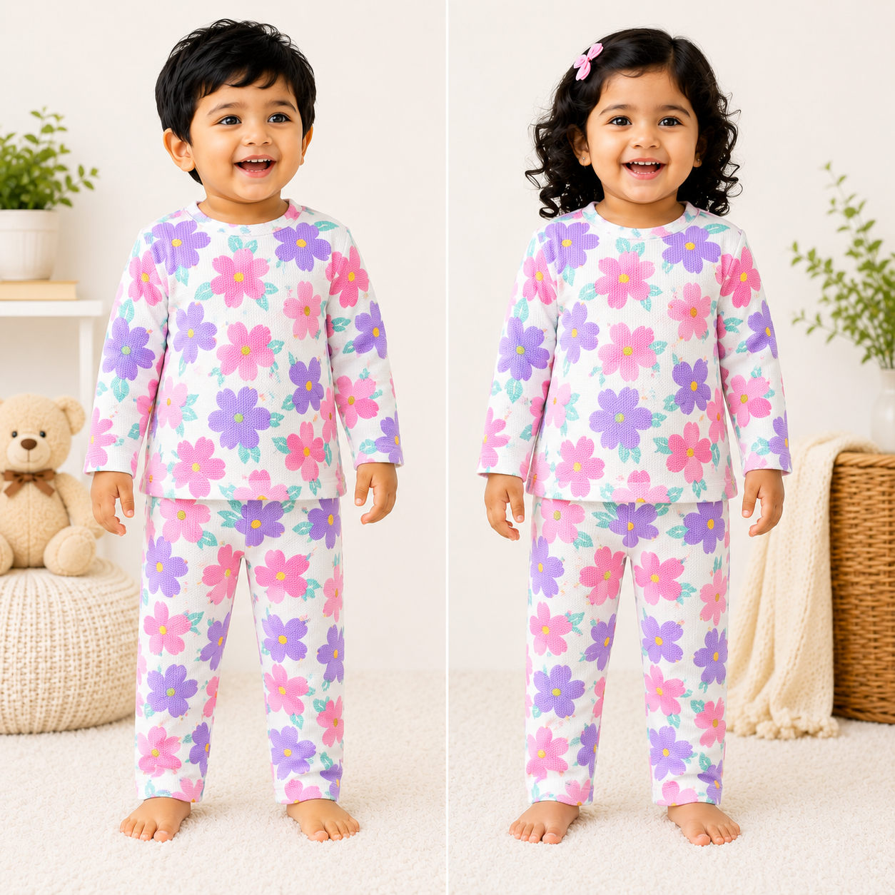 Premium Cotton  Full Sleeves T-Shirt With Pant (Pink Big Flower)