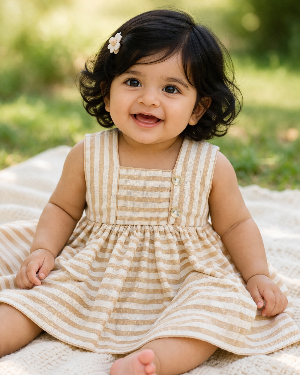 Half Sleeves Frill Frocks with BOW (Tan Stripes)