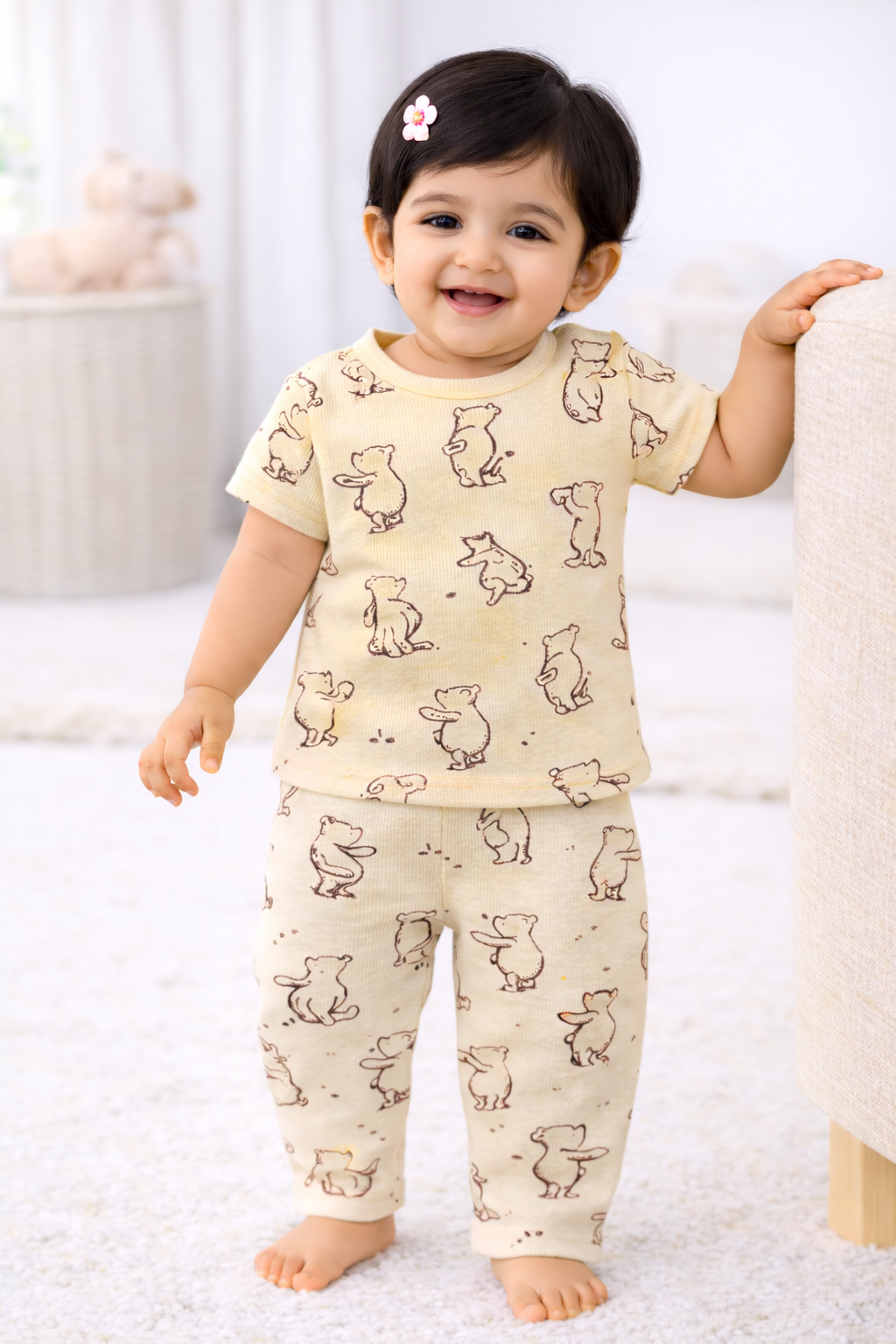 Half sleeves Ribbed Tshirt with Pant (Ice  Orange Animal)