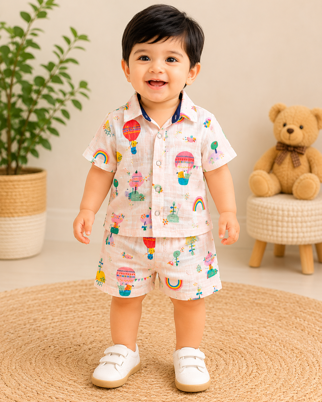 (M008) - Airport - Kids Co-ord Set – Front Open Collar Shirt & Shorts (Light Peach Rainbow)