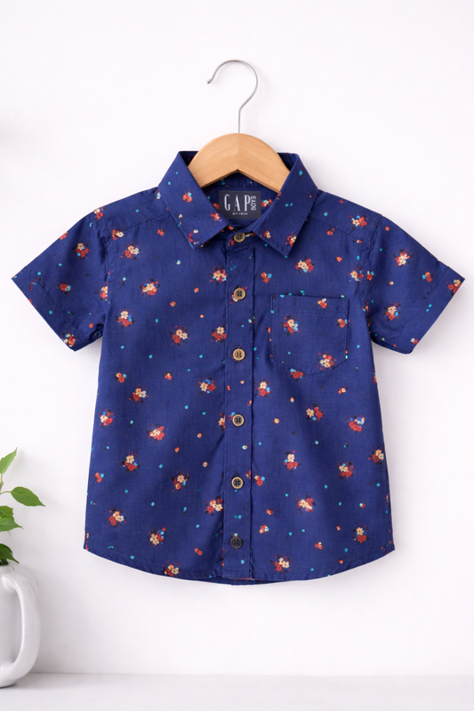 Airport - Premium Casual Cotton Front open Shirt (Navy Blue 3 Flower)