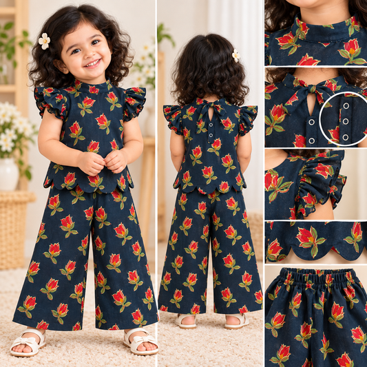 Girls Casual Cotton Printed High Collar & Scallop Top & Pant Co-ord Set (C063) (Blue & red Flower)