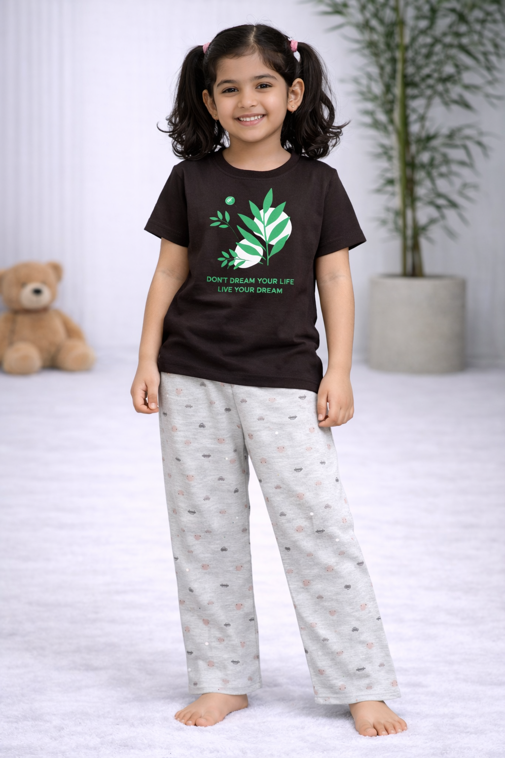 Premium Cotton Contrast Half Sleeves Pajama Set (Brown Flower- Grey Cars)