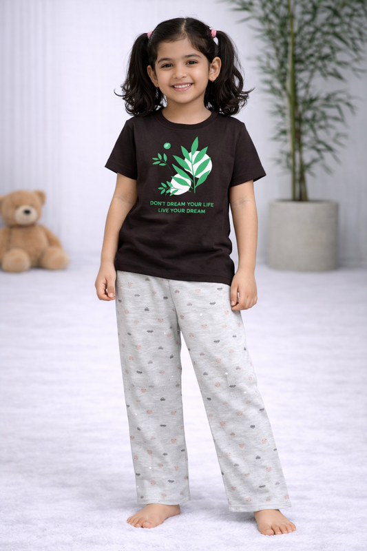 Premium Cotton Contrast Half Sleeves Pajama Set (Brown Flower- Grey Cars)
