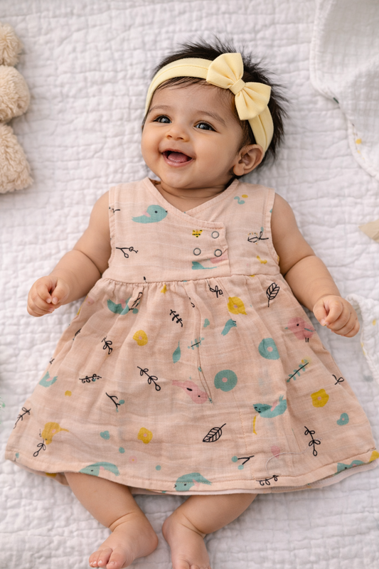 Infant Muslin  Frocks (Sand Green Parrot)