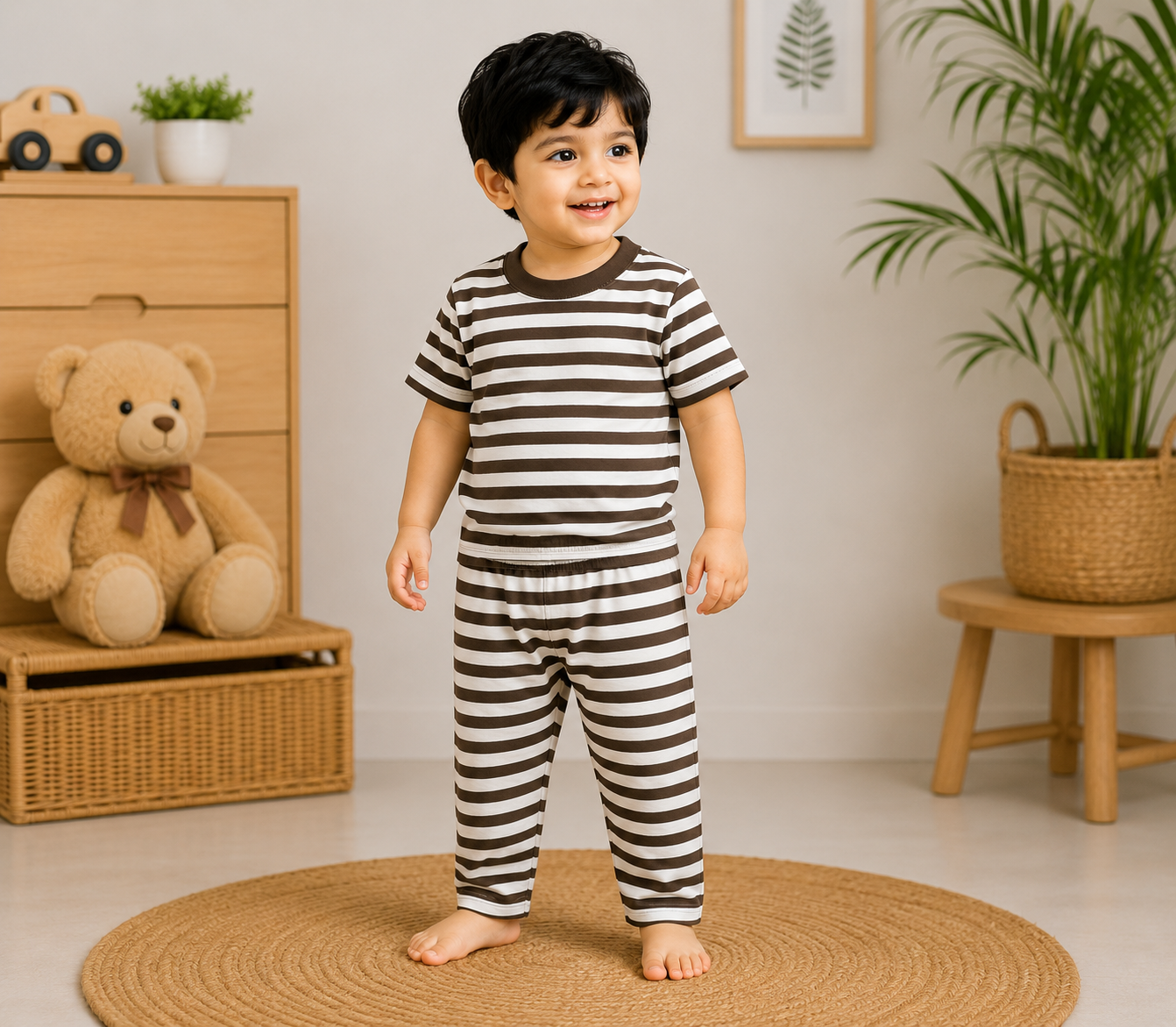 Soft Cotton Half sleeves Tshirt with Pant( Copper Brown Stripes)