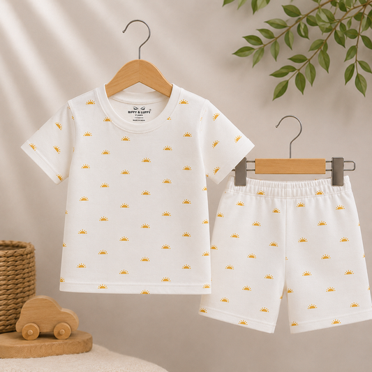 Shorts Sleeves Tshirt with Shorts Sets (White Yellow Sun )