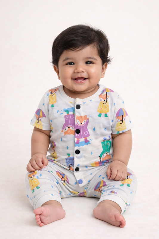 Front Open Half sleeves Cotton Tshirt with Pant (Cream Umbrella)