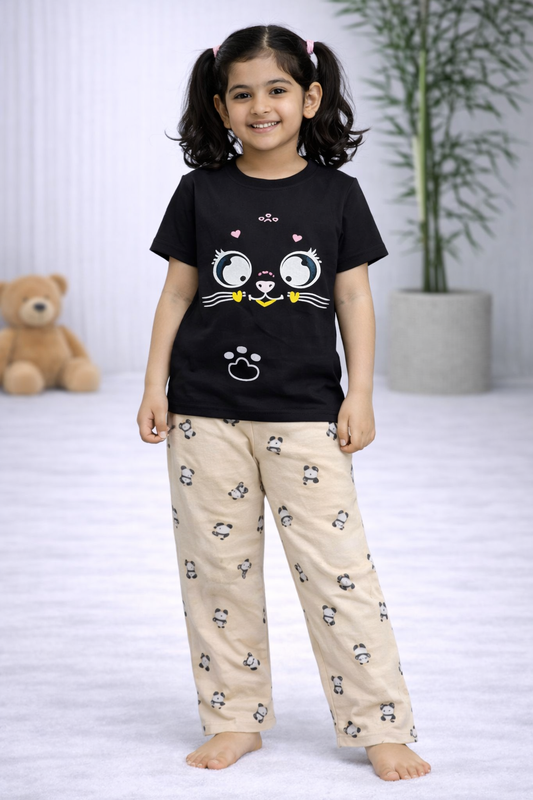 Premium Cotton Contrast Half Sleeves Pajama Set (Black -Ten Small Panda)