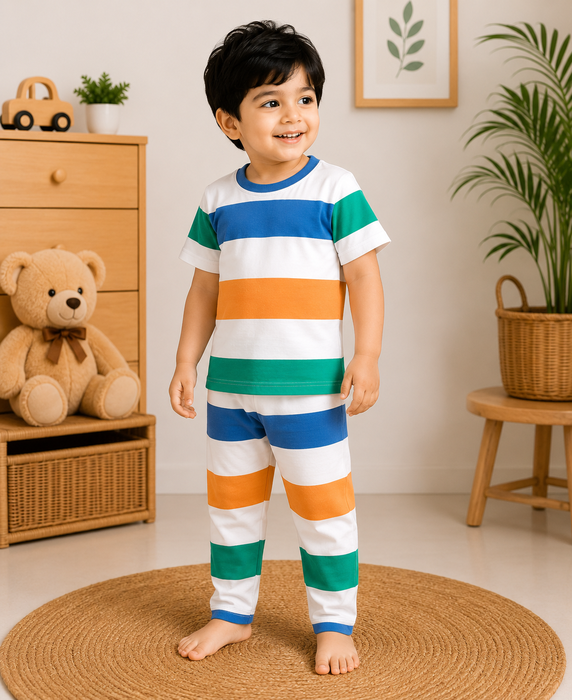 Soft Cotton Half sleeves Tshirt with Pant( Orange White Stripes)