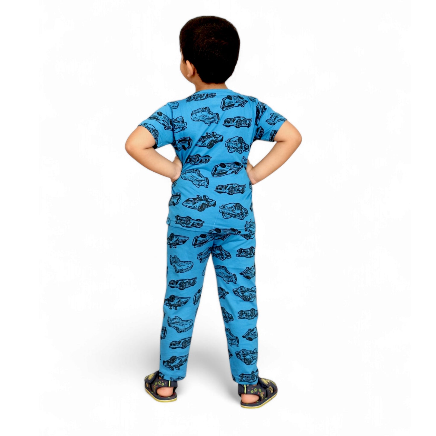 Half Sleeves Pajama Set (Blue Car) - sanright