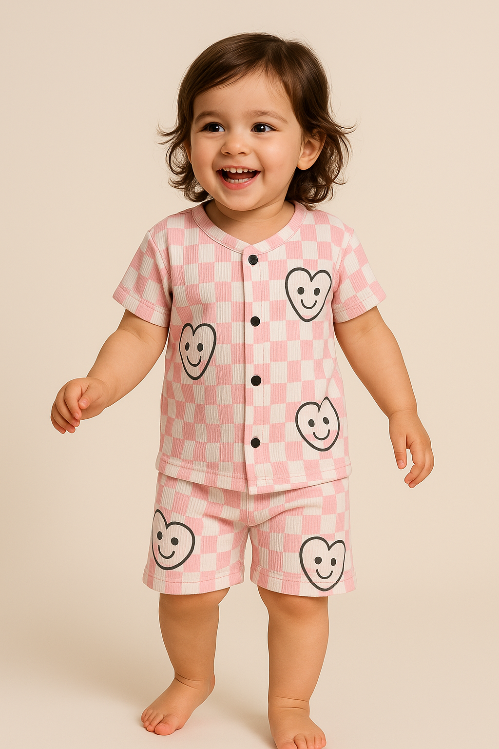 Front open Tshirt with Shorts Sets (Pink Checked Heartin)