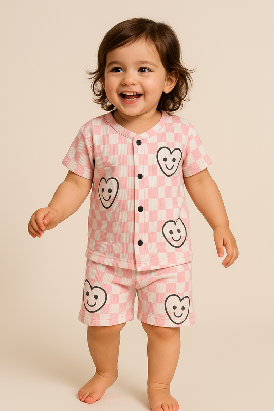 Front open Tshirt with Shorts Sets (Pink Checked Heartin)