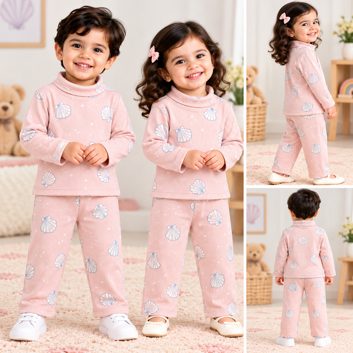 High Neck Ribbed  Full sleeves Tshirt with Pant (Peach Blue Flower)