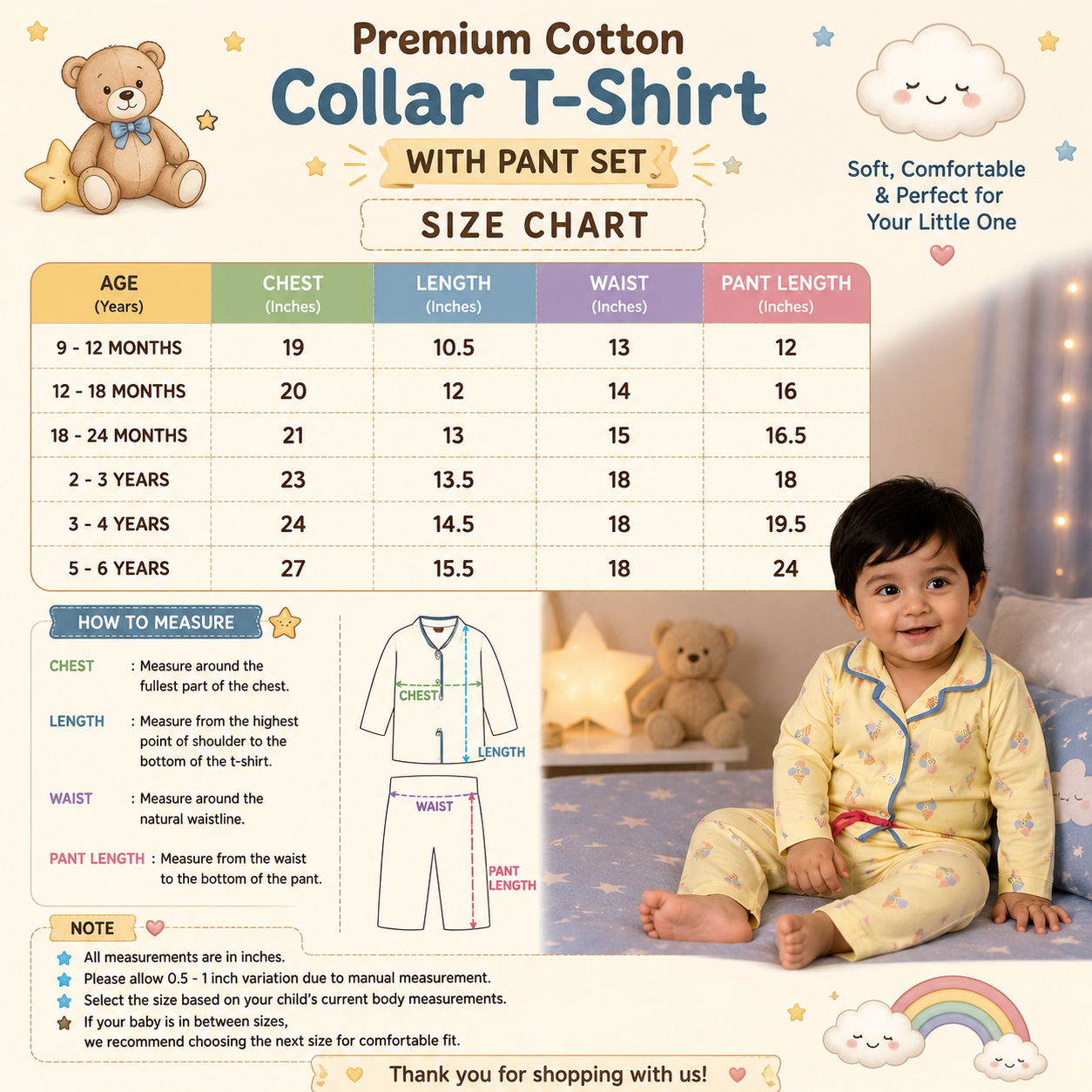 Premium Cotton Collar Full Sleeves Night Suit Set for Kids | Boys & Girls Sleepwear - Blue Small Micky
