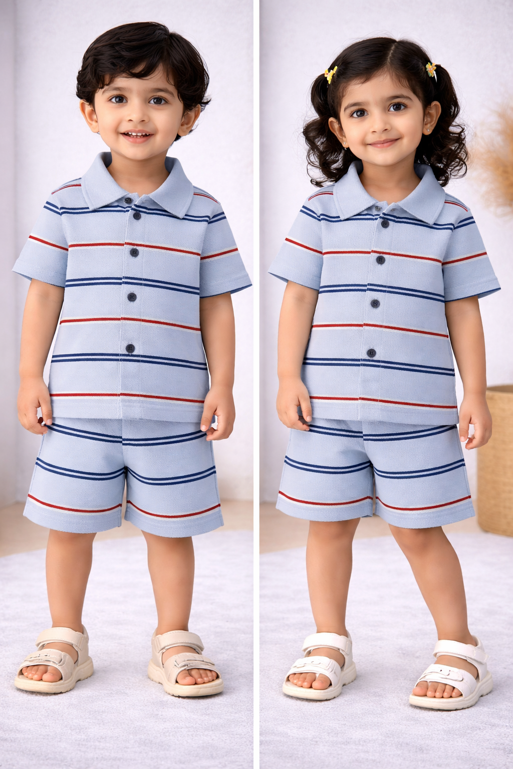 POLO Front open Tshirt with Shorts Sets (Stripes)