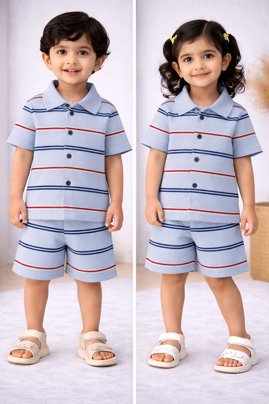 POLO Front open Tshirt with Shorts Sets (Stripes)